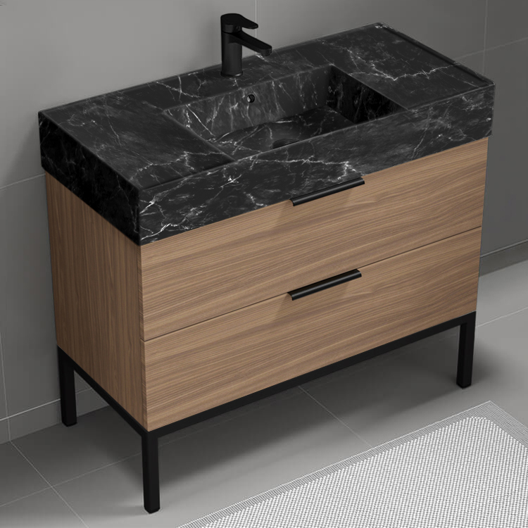 Nameeks DERIN901 Walnut Bathroom Vanity With Black Marble Design Sink, Floor Standing, 40 Inch, Modern